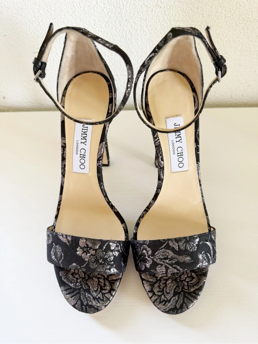 Jimmy Choo Misty Platform Sandals Black Silver Brocade Ankle Strap EU 39